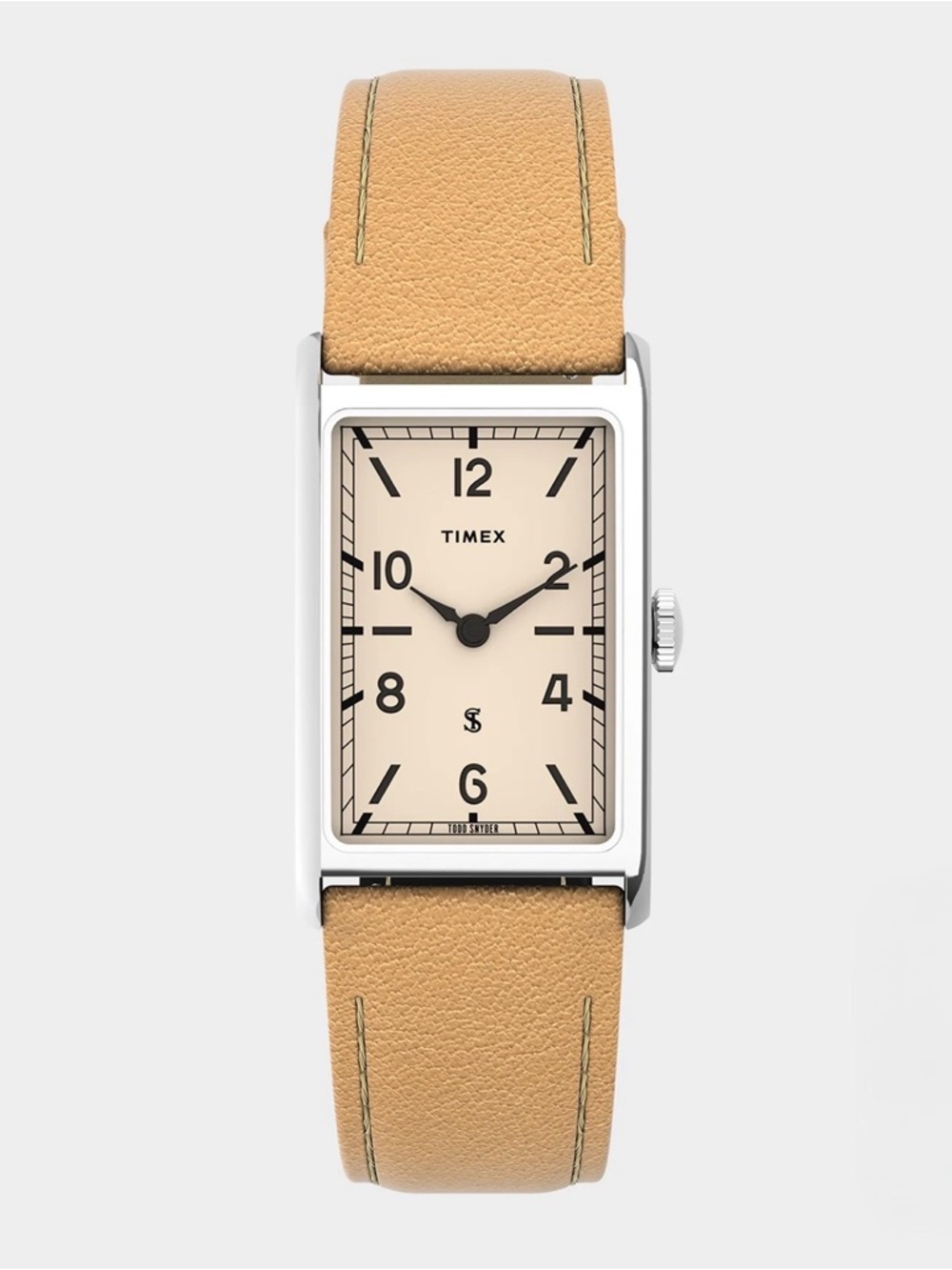 Timex Silver-Tone Rectangular Watch with Tan Strap